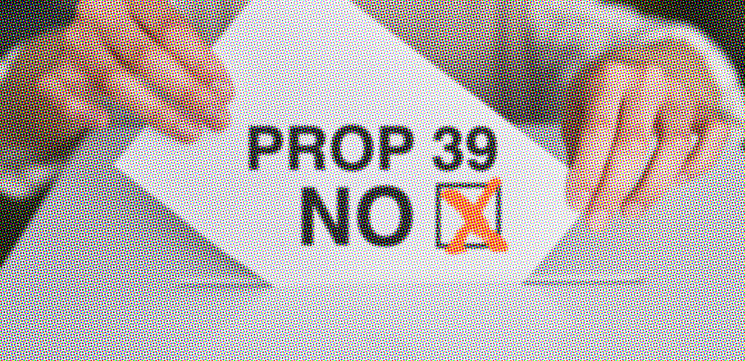 Image of hands holding a ballot with the words "Prop 39" and a checkbox next to "NO"